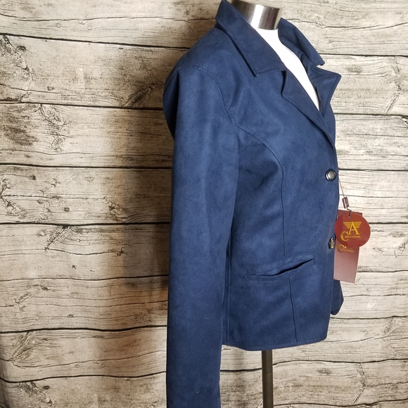 Collezioni Women's Lined Suede Leather Blue 2 Button Jacket Size M Pit to pit - Picture 2 of 7